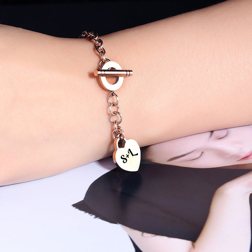 Armkette "Love" aus Edelstahl, Rose, mit Herz Anhänger, Gravur der Initialen, Herzförmiger Anhänger, Gravur