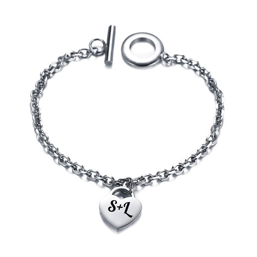 Armkette "Love" aus Edelstahl, Silber, mit Herz Anhänger, Gravur der Initialen, Herzförmiger Anhänger, Gravur