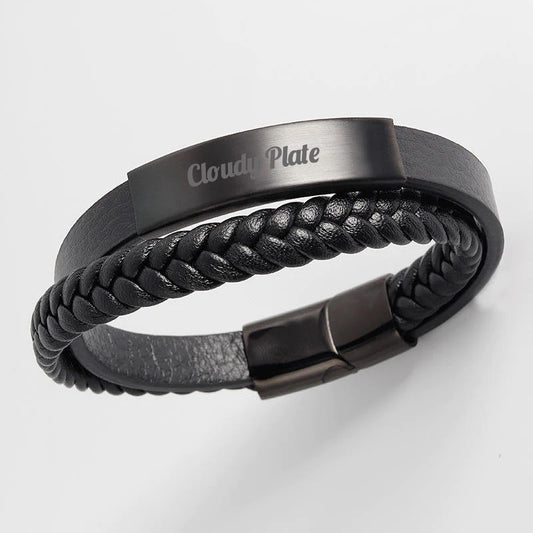 Gevlochten lederen armband "Cloudy Plate" met gratis gravure