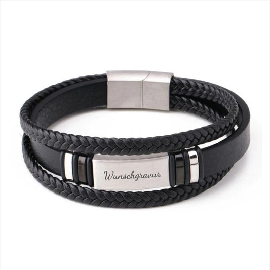 Zwart lederen armband "Leather & Plate" met gravure