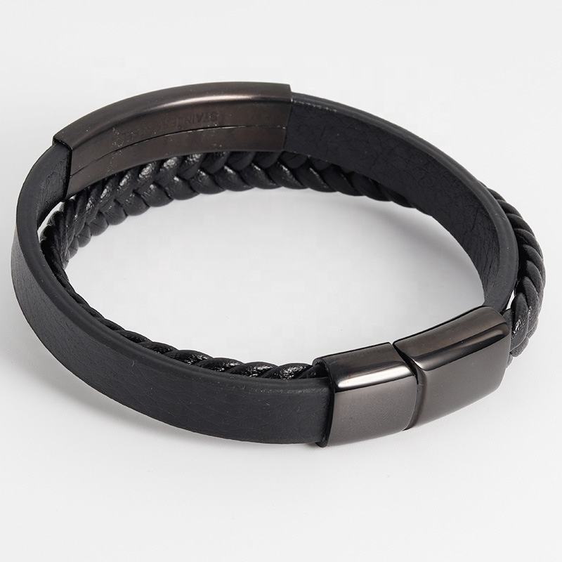 Gevlochten lederen armband "Cloudy Plate" met gratis gravure