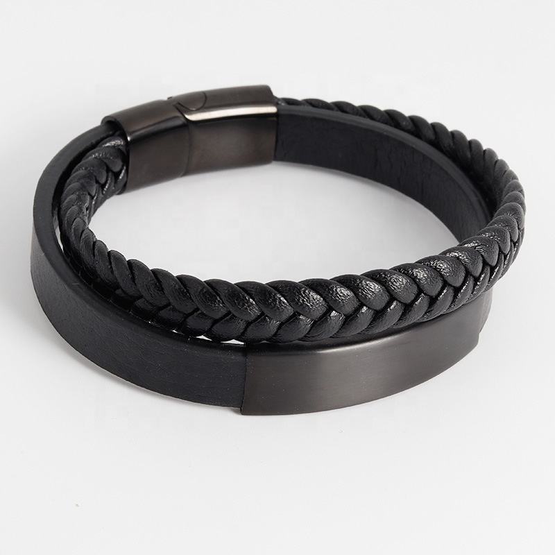 Gevlochten lederen armband "Cloudy Plate" met gratis gravure