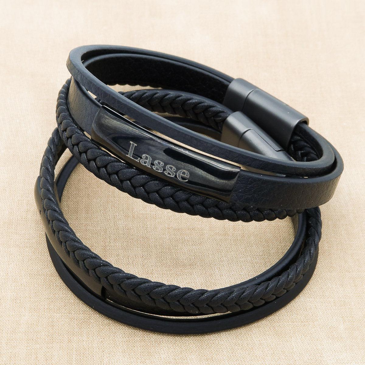Schwarzes Herrenarmband Leder "Trio" mit kostenloser Gravur