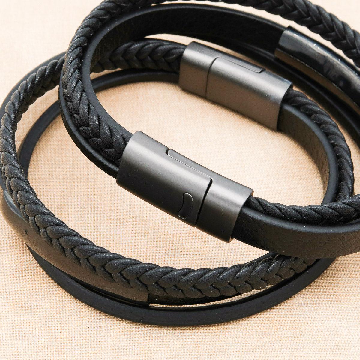 Schwarzes Herrenarmband Leder "Trio" mit kostenloser Gravur