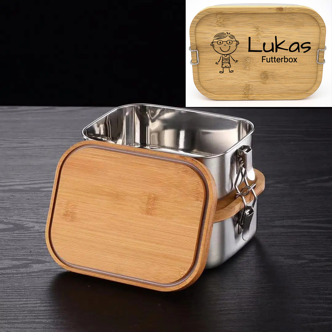 Gepersonaliseerde lunchbox / gegraveerde lunchbox van roestvrij staal met bamboe deksel en gravure